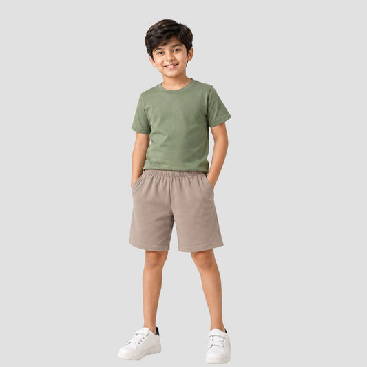 Boys Cotton Casual Shorts | Beige Elastic Waist Regular Fit Shorts for Kids