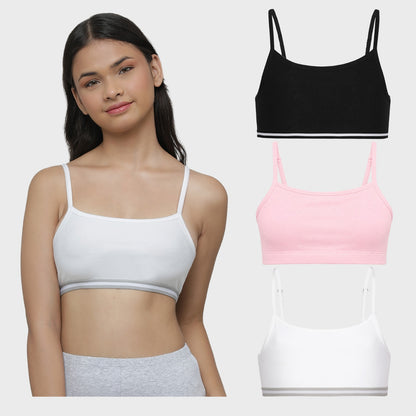 Charm N Cherish Girls' Cotton Non Padded Double Layered Beginners Bra Multi-Pack – Set of 3 (Black, Pink, White) (Copy)