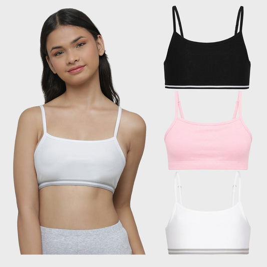 Charm N Cherish Girls' Cotton Non Padded Double Layered Beginners Bra Multi-Pack – Set of 3 (Black, Pink, White) (Copy)
