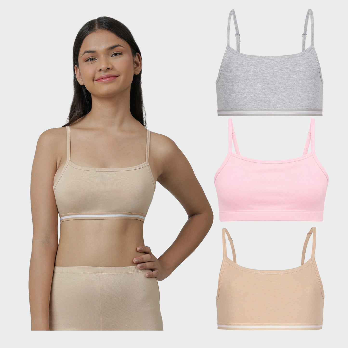 Charm N Cherish Girls' Cotton Non Padded Double Layered Beginners Bra Multi-Pack – Set of 3 (Beige, Pink,Grey)