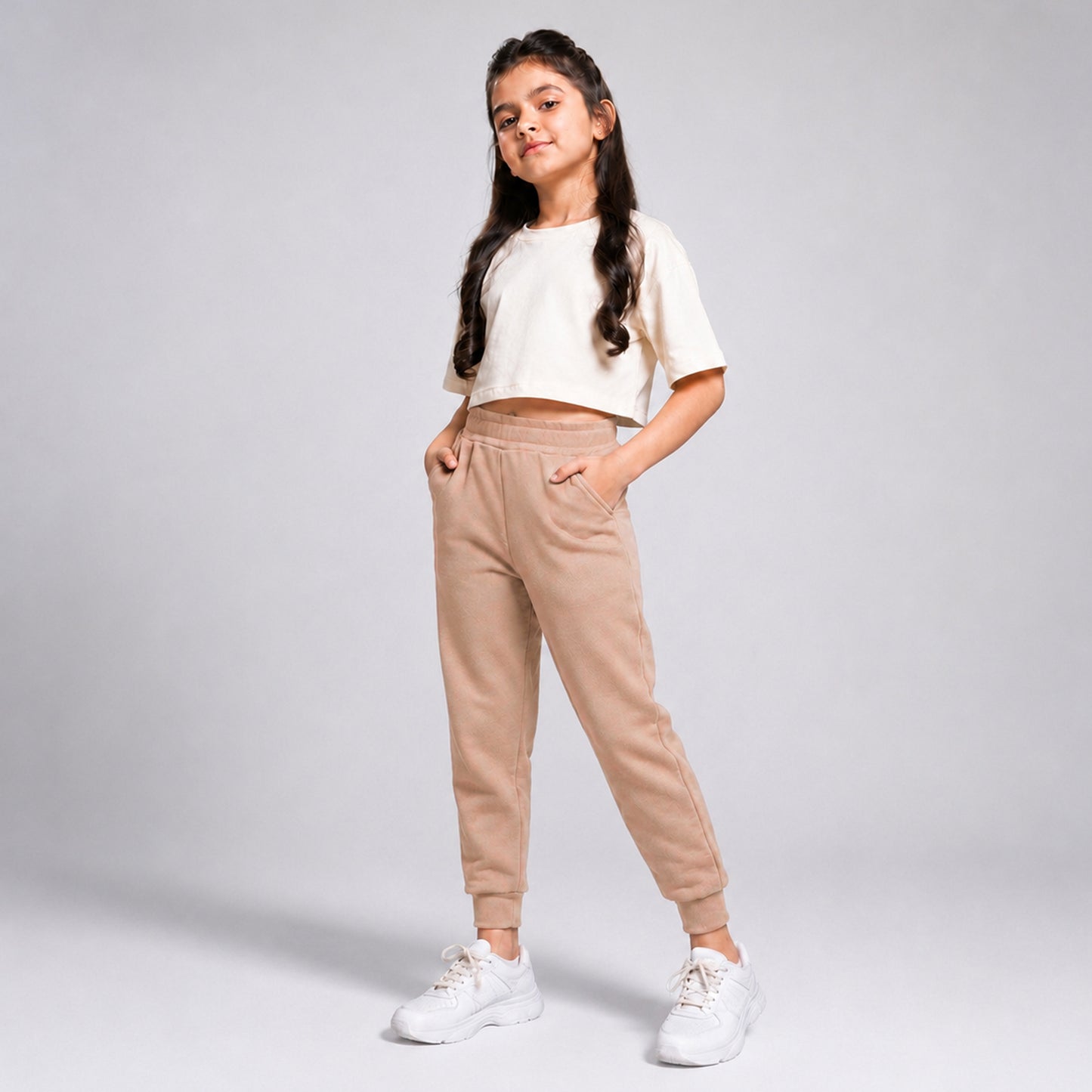 Charm N Cherish Girls Solid Brown Cotton Joggers with Elastic Waistband & Side Pockets