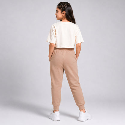 Charm N Cherish Girls Solid Brown Cotton Joggers with Elastic Waistband & Side Pockets