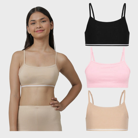 Charm N Cherish Girls' Cotton Non Padded Double Layered Beginners Bra Multi-Pack – Set of 3 (Black, Pink, Beige)