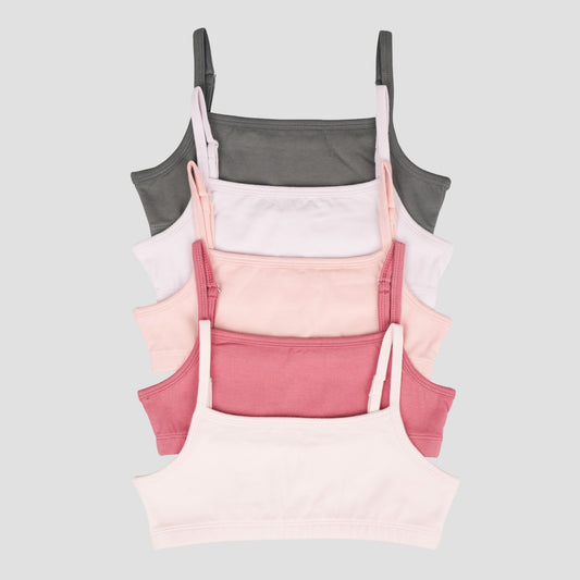 Charm N Cherish Girls' Multi-Pack Crop Top Training Bras (Pack of 5) – Pink, Grey & White