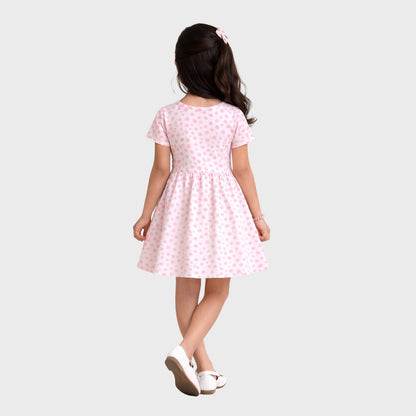 Girls' Cotton Long Dress - Half Sleeve - Pink All Over Print