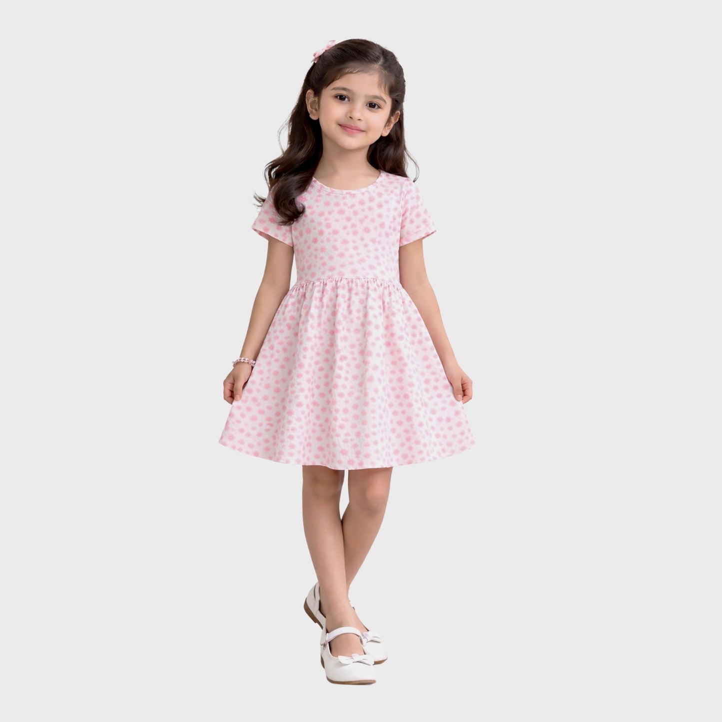 Girls' Cotton Long Dress - Half Sleeve - Pink All Over Print
