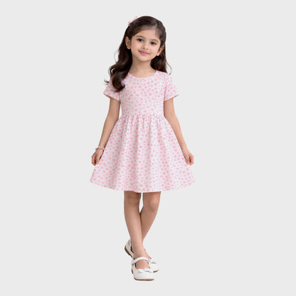 Girls' Cotton Long Dress - Half Sleeve - Pink All Over Print