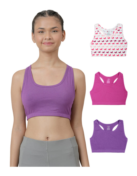 Sports Bra -Solid Colour & Horse All over Print combo of 3.