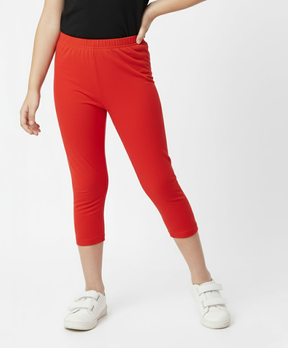Girls 3/4 Leggings  Solid Red Color Pack Of 1