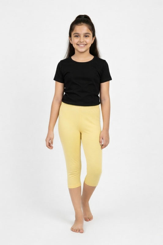 Girls' 3/4 Cotton Leggings - Lime Yellow (Pack of 1)