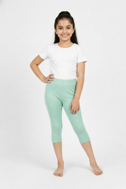 Girls' 3/4 Cotton Leggings - Aqua Green (Pack of 1)