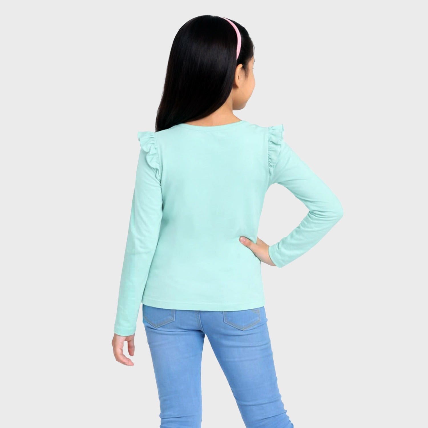 CharmnCherish Girls' Cotton Frill T-Shirt - Unicorn Print - Aqua (Pack of 1) - front view