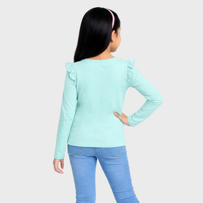CharmnCherish Girls' Cotton Frill T-Shirt - Unicorn Print - Aqua (Pack of 1) - front view