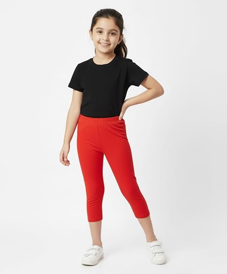 Girls' 3/4 Cotton Leggings Solid Red Color Pack Of 1