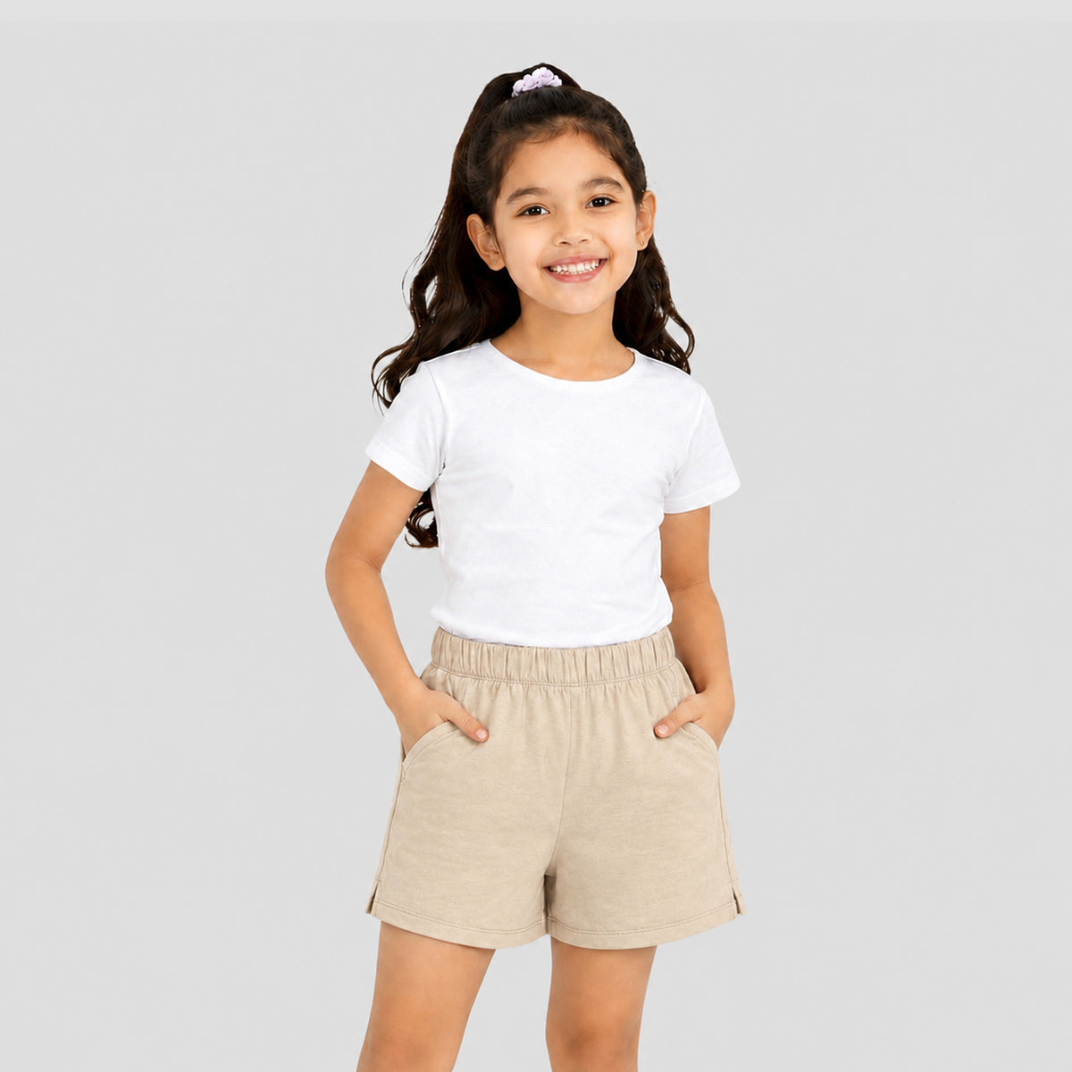 Girls Cotton Casual Shorts Solid Beige