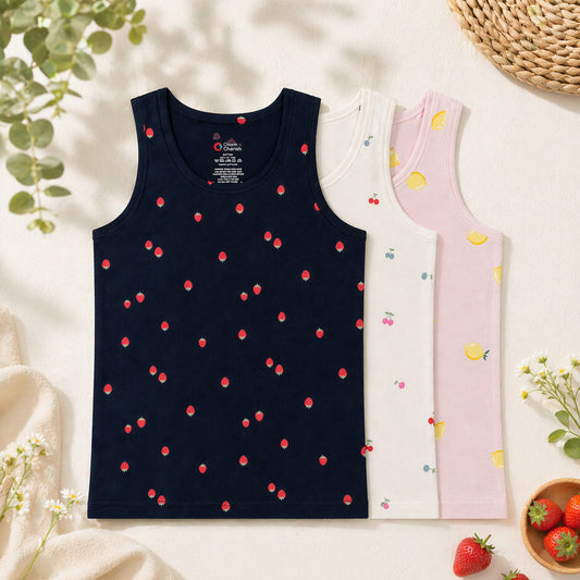 Girl's Fruit Print Tank Top Set - Pack of 3 (Navy, White, Pink) - Premium Soft Cotton Sleeveless Vests