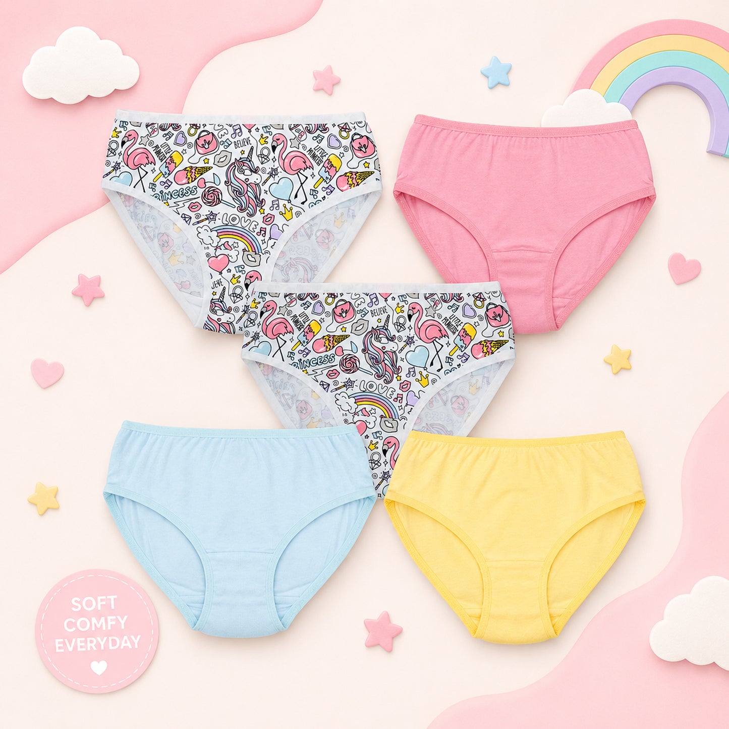 Girls' Cotton Brief - Solid color and Aop print pack of 5