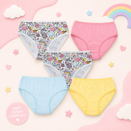 Girls' Cotton Brief - Solid color and Aop print pack of 5