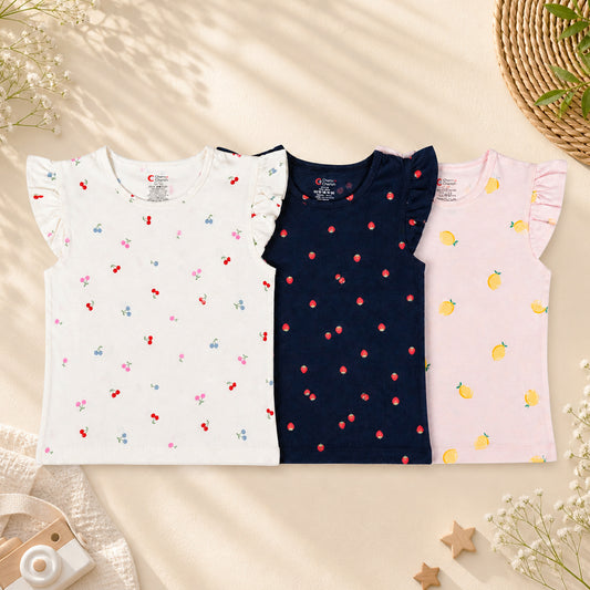 Girls Frill sleeveless Tshirt Fruit Printed Pack of 3