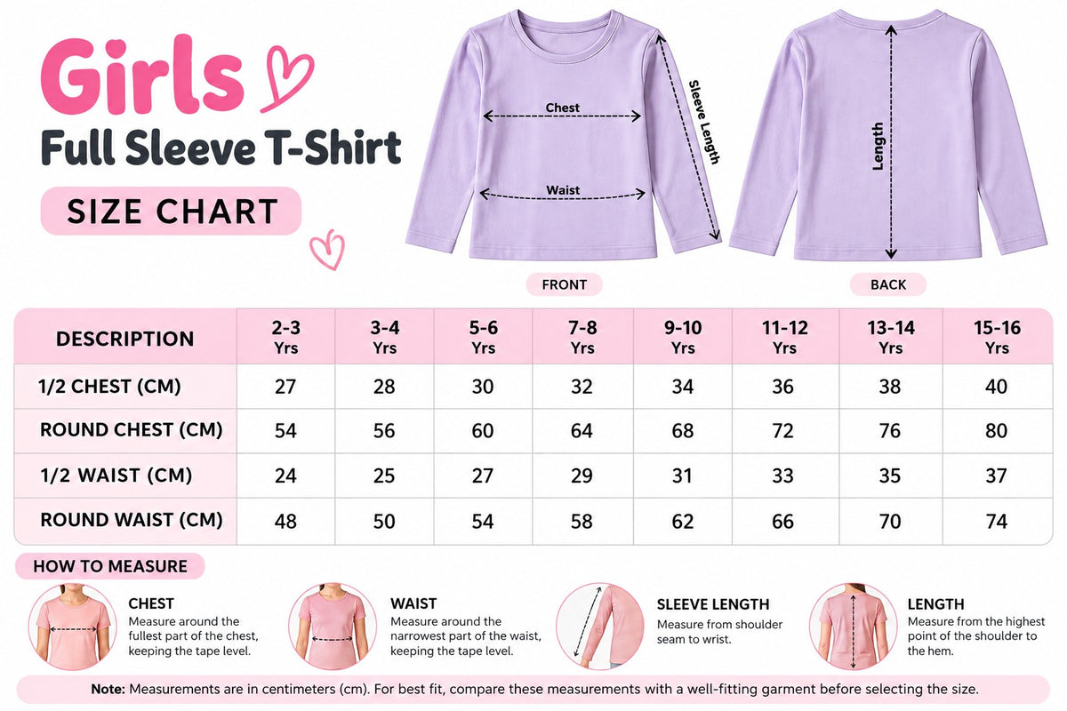 Girls' Full Sleeve T-Shirt - White Sparkle Heart Size Chart