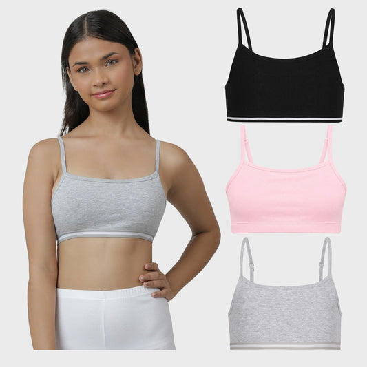 Charm N Cherish Girls' Cotton Non Padded Double Layered Beginners Bra Multi-Pack – Set of 3 (Black, Pink, Grey)