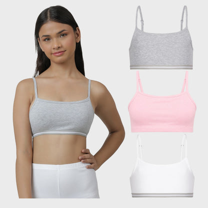 Charm N Cherish Girls' Cotton Non Padded Double Layered Beginners Bra Multi-Pack – Set of 3 (White, Pink, Grey)