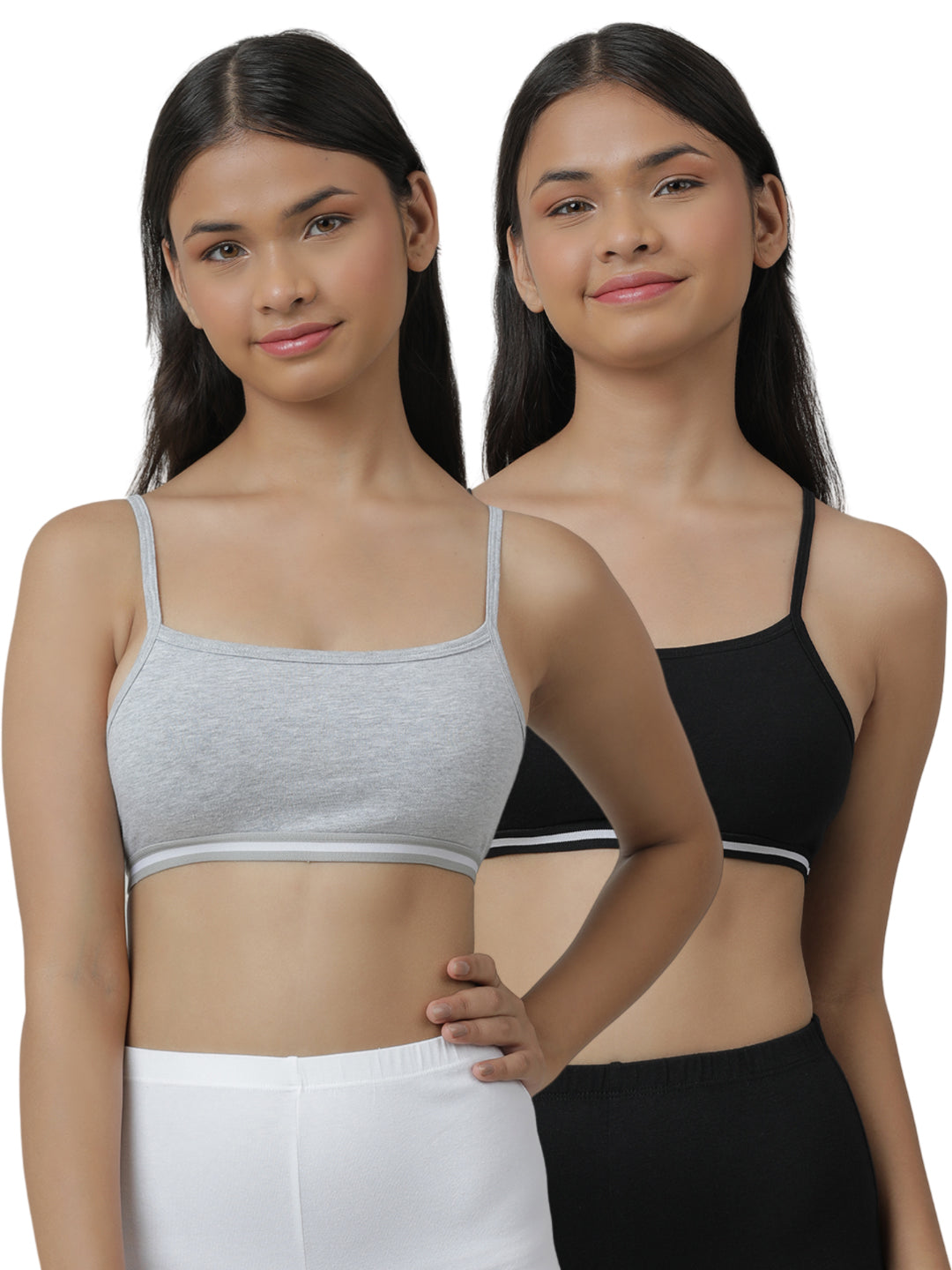 Charm N Cherish Girls' Cotton Non Padded Double Layered Beginners Bra Multi-Pack – Set of 3 (Black, Pink, Grey)