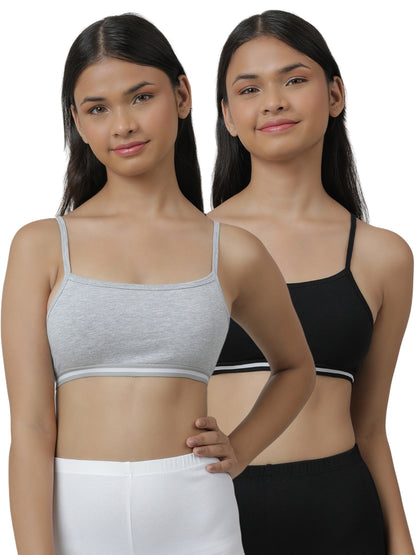 Charm N Cherish Girls' Cotton Non Padded Double Layered Beginners Bra Multi-Pack – Set of 3 (Black, Pink, Grey)