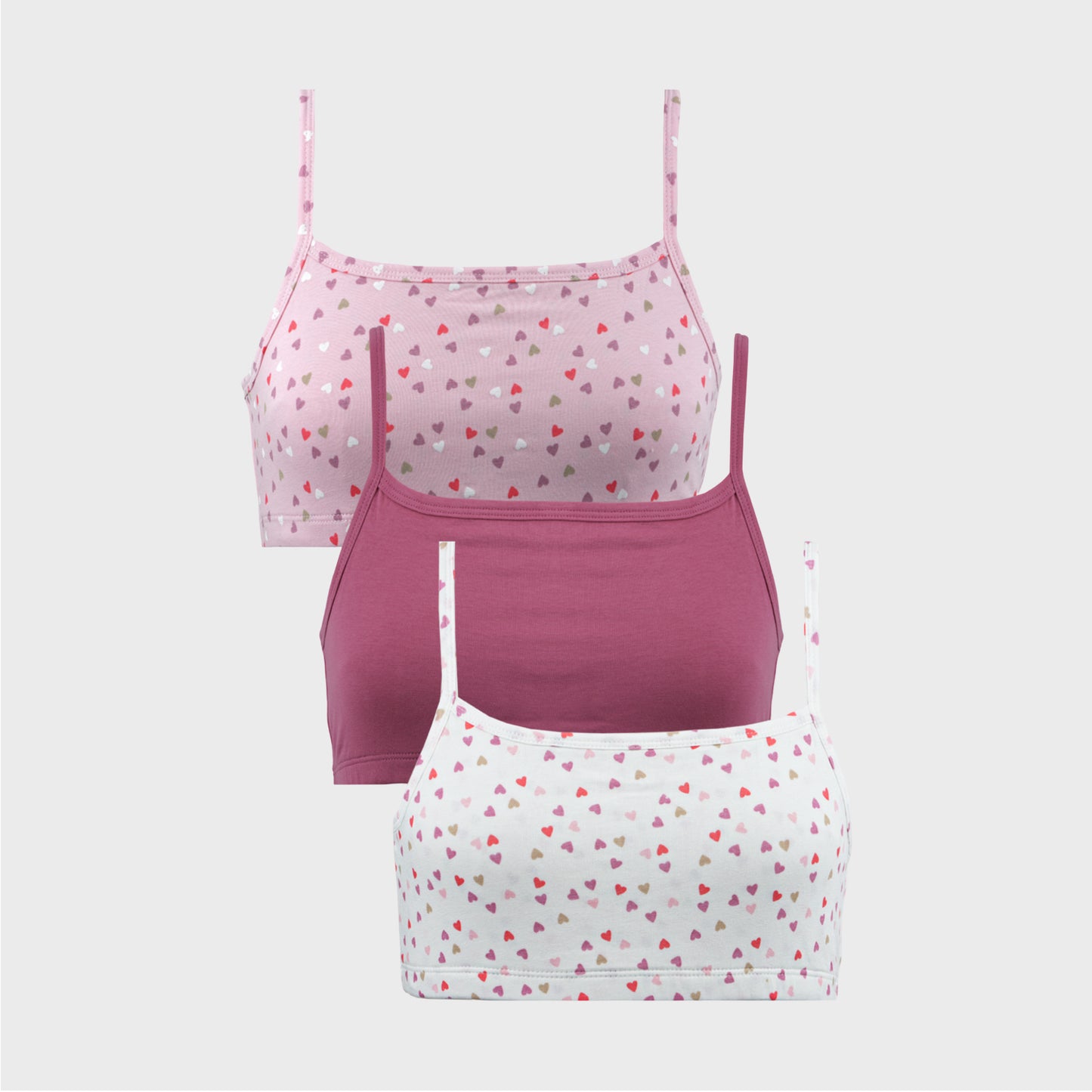 CharmnCherish Girls' Beginners Bra - Heart All Over Print and Solid Color Combo Pack of 3 for 7-16 Years