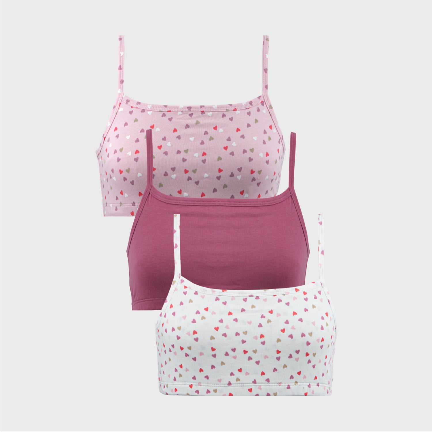 CharmnCherish Girls' Beginners Bra - Heart All Over Print and Solid Color Combo Pack of 3 for 7-16 Years