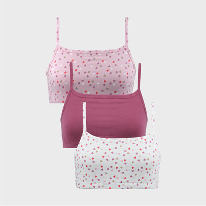 CharmnCherish Girls' Beginners Bra - Heart All Over Print and Solid Color Combo Pack of 3 for 7-16 Years