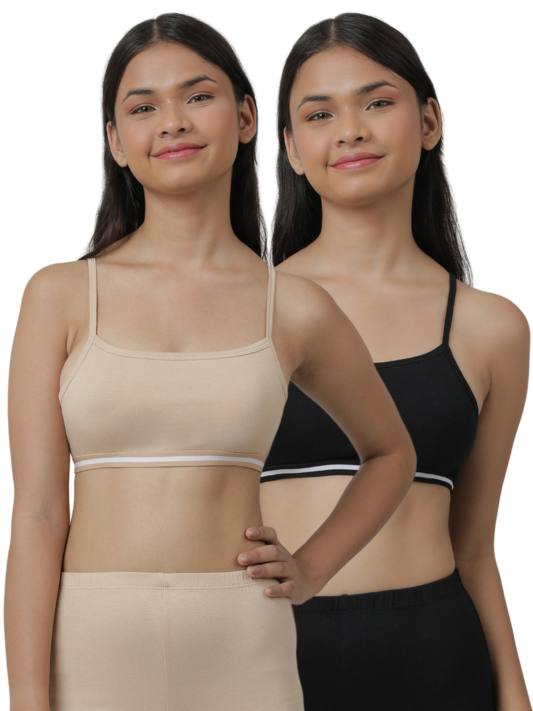 Charm N Cherish Girls' Cotton Non Padded Double Layered Beginners Bra Multi-Pack – Set of 3 (Black, Pink, Beige)