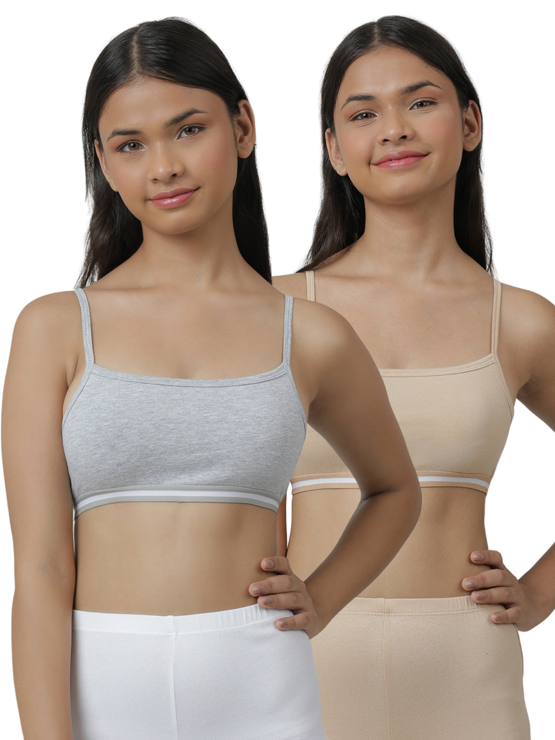 Charm N Cherish Girls' Cotton Non Padded Double Layered Beginners Bra Multi-Pack – Set of 3 (Beige, Pink,Grey)