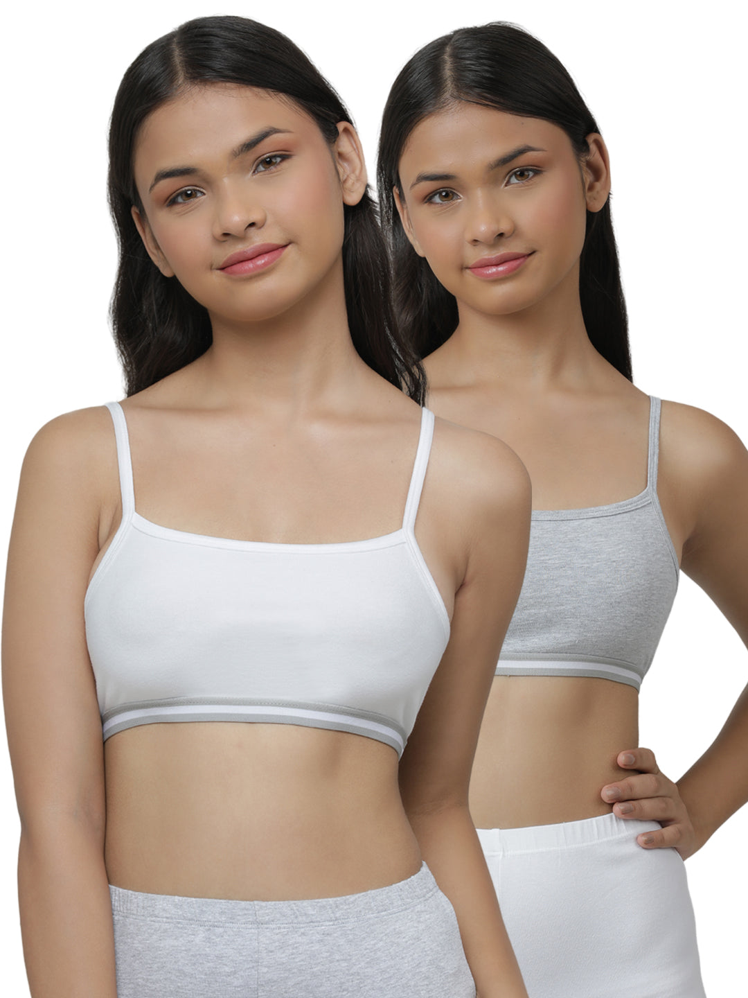 Charm N Cherish Girls' Cotton Non Padded Double Layered Beginners Bra Multi-Pack – Set of 3 (White, Pink, Grey)