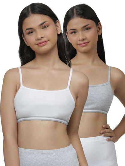 Charm N Cherish Girls' Cotton Non Padded Double Layered Beginners Bra Multi-Pack – Set of 3 (White, Pink, Grey)