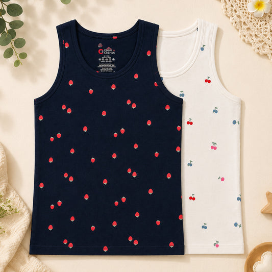 Girl's Fruit Print Tank Top Set - Pack of 2 (Navy, White) - Premium Soft Cotton Sleeveless Vests