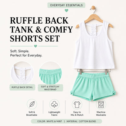 Girls Summer Clothes Set - Sleeveless White Tank Top and Mint Green Cotton Knit Shorts with Side Bow Accent, Casual 2-Piece Playwear Outfit for Kids