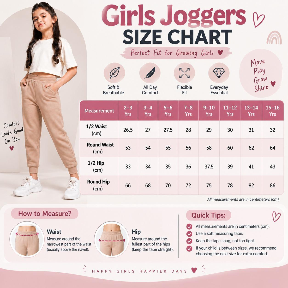 Girls' Cotton Blend Joggers - Multicolor (Pack of 1) Size Chart