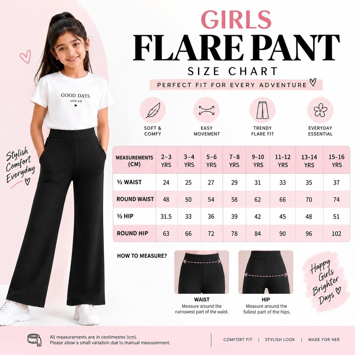 Girls Cotton Flare Pants  – LT Pink Color Size Chart