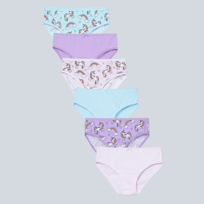 Girls' Cotton Brief - Unicorn All Over Print & Solid Multicolor Brief Pack of 6