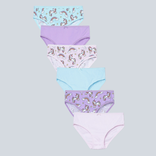 Girls' Cotton Brief - Unicorn All Over Print & Solid Multicolor Brief Pack of 6