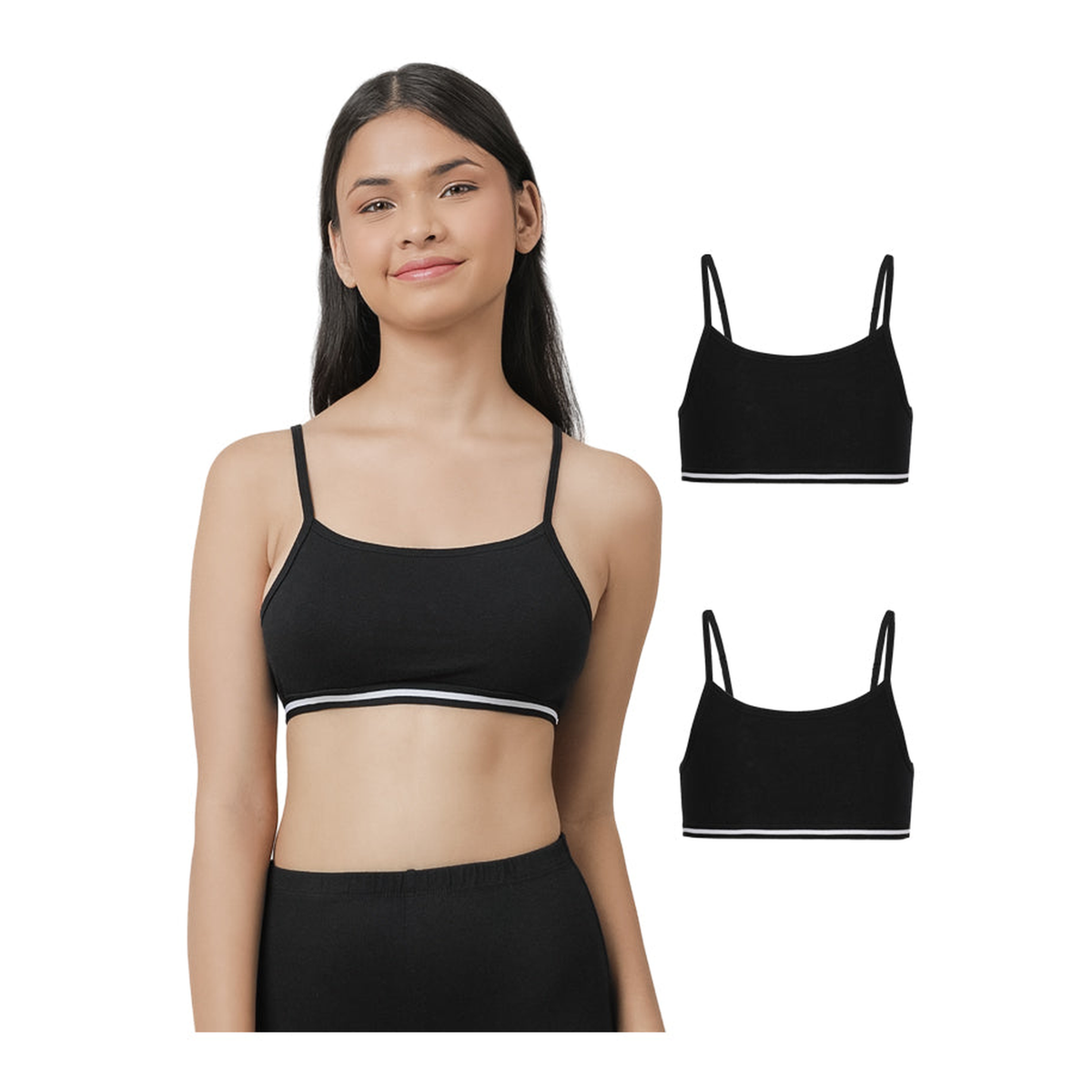 Girls' black beginner bra with white band, pack of 2