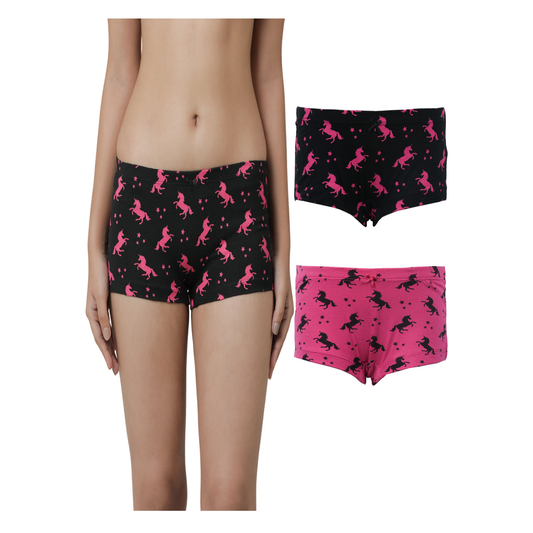 Girls' Cotton Boy Shorts - Unicorn All Over Printed Pack Of 2