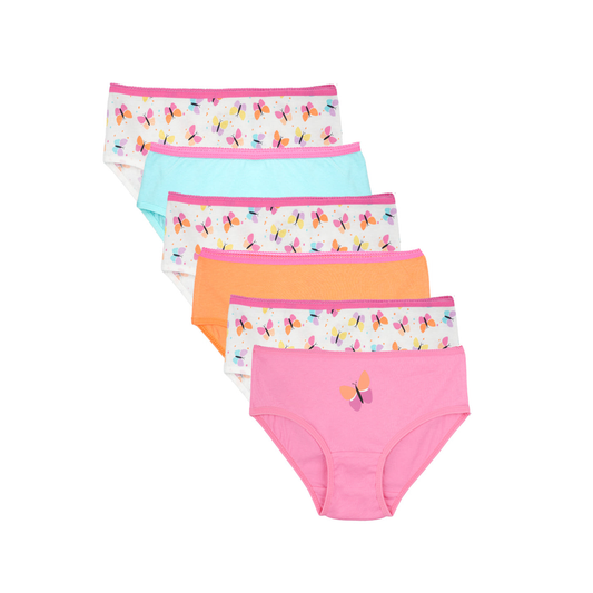 Girls' Cotton Brief - Butterfly All Over Print & Solid Color Brief Pack of 6