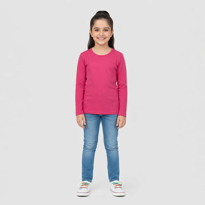 CharmnCherish Girls' Cotton Full Sleeve T-Shirt - Dark Pink (Pack of 1)