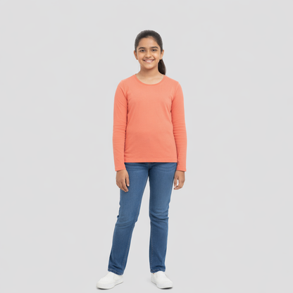 CharmnCherish Girls' Cotton Full Sleeve T-Shirt - Coral (Pack of 1)