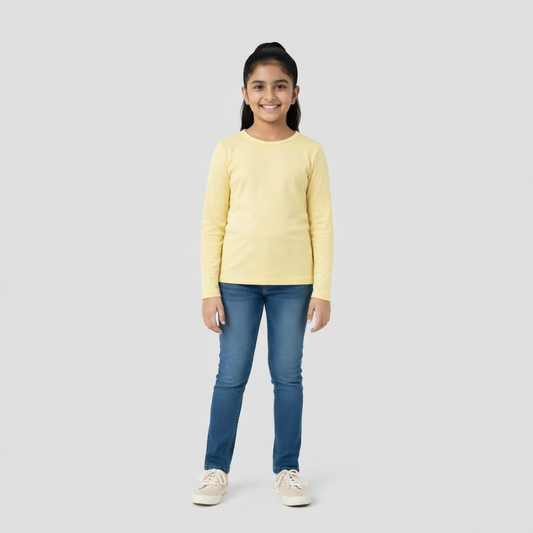 CharmnCherish Girls' Cotton Full Sleeve T-Shirt - Lime Yellow (Pack of 1)