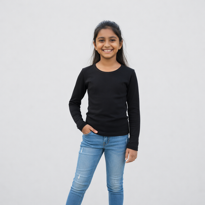 CharmnCherish Girls' Cotton Full Sleeve T-Shirt - Black (Pack of 1) - close-up detail
