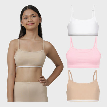 Charm N Cherish Girls' Cotton Non Padded Double Layered Beginners Bra Multi-Pack – Set of 3 (White, Pink,Nude)